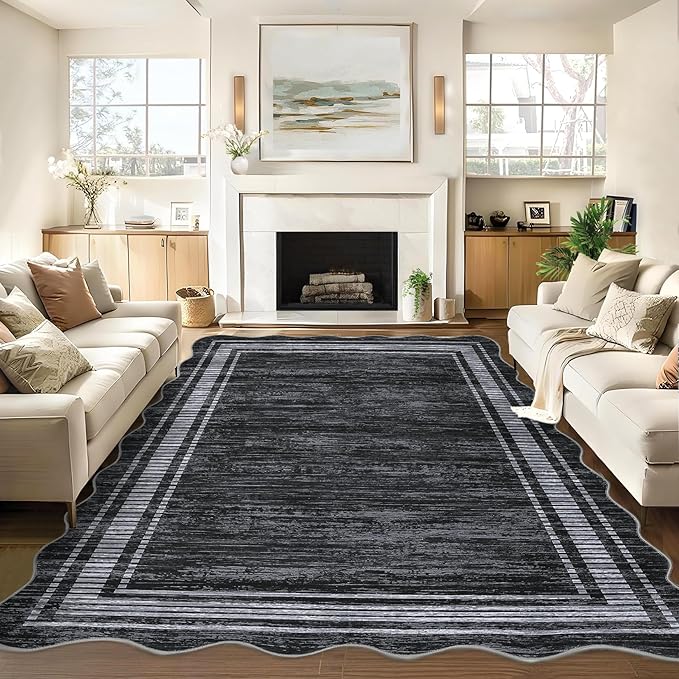 Garvee Scalloped Large Modern Abstract Area Rug 10x13 Washable Rug for Living Room, Non-Slip Soft Carpet for Bedroom, Scalloped Low-Pile Solid Print Accent Rug for Dining Room Home Office, Black