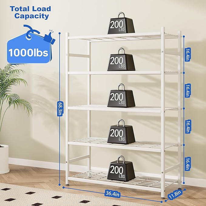 Storage Shelves, 5-Tier Metal Shelving Unit with Adjustable Feet, Shelf Organizer for Garage, Kitchen, Pantry and Closet Organization, 36.4" x 11.8" x 68.3", White