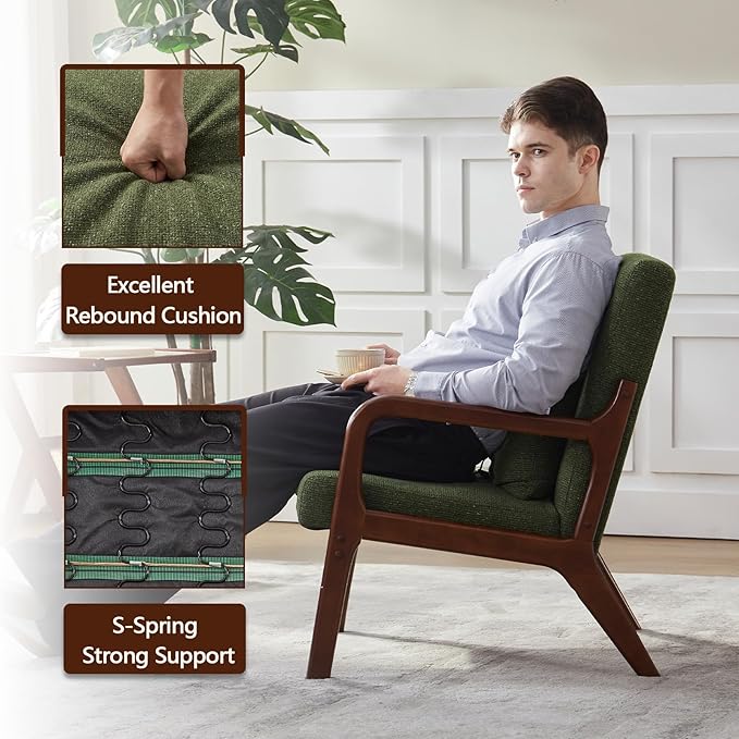 Achicsofar Accent Chair Mid Century Modern Armchair with Lumbar Support Pillow Wood Legs PU Leather Upholstered Lounge Chairs Comfy High Back Cushion for Living Room Bedroom