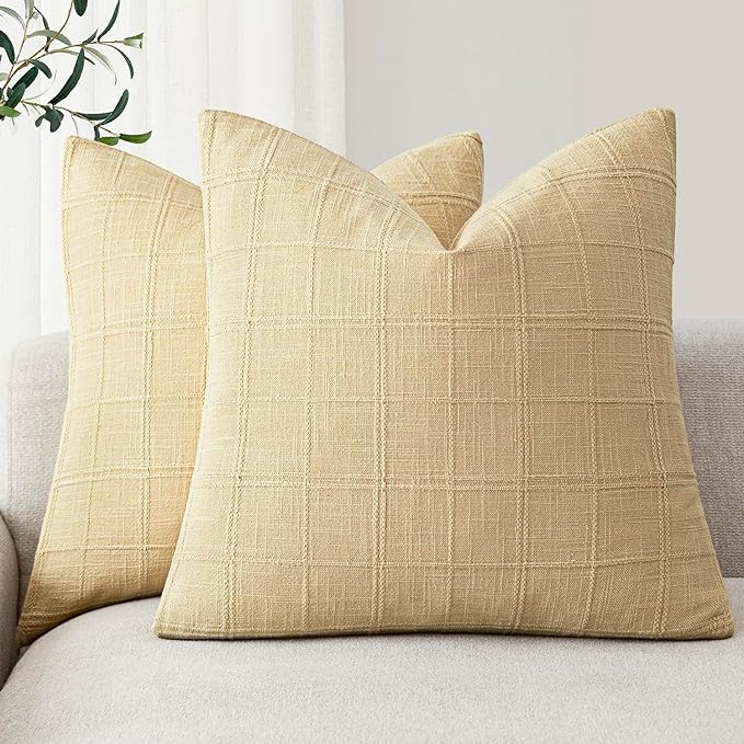 Foindtower Set of 2 Decorative Linen Check Throw Pillow Covers Neutral Farmhouse Vintage Cushion Covers Modern Boho Accent Home Decor for Sofa Chair Couch Bedroom Living Room,18×18 Inch,Light Yellow