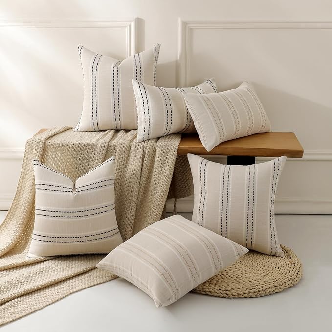 Hckot Hand Made Throw Pillow Covers 16x16 Set of 2 Striped Pillow Covers Textured Linen Decorative Pillows Square Cushion Covers for Sofa Couch Bed Living Room Farmhouse Decor