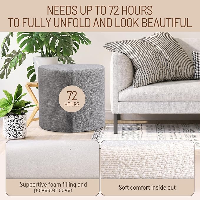 Grey Round Ottoman Foot Rest Stool – Modern Boucle Fabric Footstool with Soft Foam Filling, Lightweight Pouf for Living Room, Bedroom, Home Office – Neutral Grey