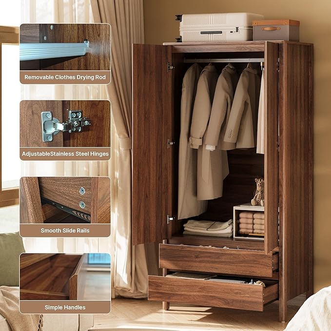 MAISONARIA Wardrobe with 2 Doors and 2 Drawers, 70.9”H Modern Walnut Bedroom Armoire Closet with Hidden Handles, Freestanding Wooden Storage Cabinet for Clothes and Essentials