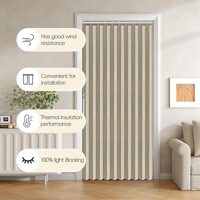Jilron Accordian Door Curtain, 100% Blackout Folding Magnetic Doorway Curtains,Linen Style Closet Doors,for Room Divider,Privacy Protection（W52 x L78,Beige,1 Panel）