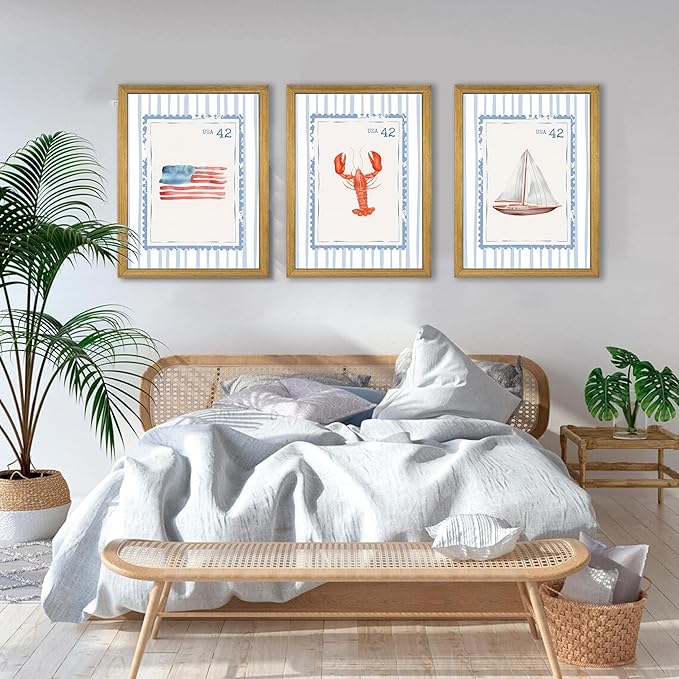 Wood Framed Blue Beach Stamp Set of 3 Canvas Poster Coastal Granddaughter Room Wall Art Decor Vintage Preppy Aesthetic Prints Artwork for Girly Dorm Apartment Ocean Home Decoration 16x24 Inch