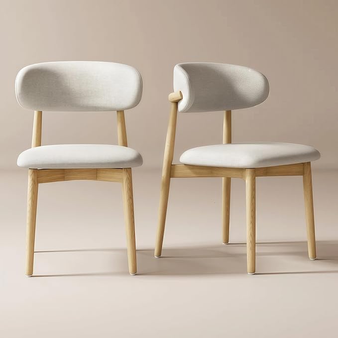 Modern Solid Wood Dining Chairs Set of 2 with Curved Back, Ergonomic Upholstered Seat, Natural Wood Legs with Adjustable Anti-Slip Foot Pad, for Kitchens, Living Rooms, Offices (S-Oak, Set of 2)