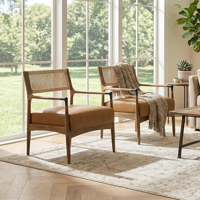 Ya-Home Mid-Century Modern Accent Chair with Woven Rope Back, Upholstered PU Leather Armchair with Solid Wood Frame for Living Room Bedroom, 1PC, Brown