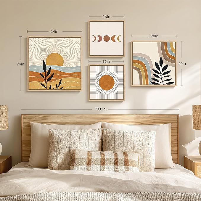 Framed Large Boho Wall Art for Living Room, Set of 4 Piece Mid Century Modern Abstract Orange Canvas Artworks Decor, Minimalist Sun and Moon Botanical Leaf Painting Prints for Bedroom Hallway