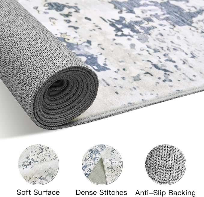 Art&Tuft Washable Rug, Anti-Slip Backing Abstract Area Rugs, Stain Resistant Rugs for Living Room, Foldable Machine Washable Area Rug(Beige/Blue, 8'x10')