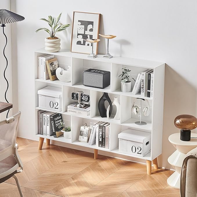 LEYAOYAO 10 Cube Bookshelf, 3 Tier Vintage 55" Wide Bookcase with Legs, Mid-Century Wood Bookshelves Storage, White Large Book Case, Freestanding Organizer Display Shelf for Living Room, Office
