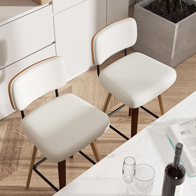 Swivel Bar Stools Set of 1, 26" Upholstered Faux Leather Counter Height Barstools with Walnut Back & Bentwood Legs, Mid Century Modern Bar Chairs Island Stools for Kitchen Counter, Cream White