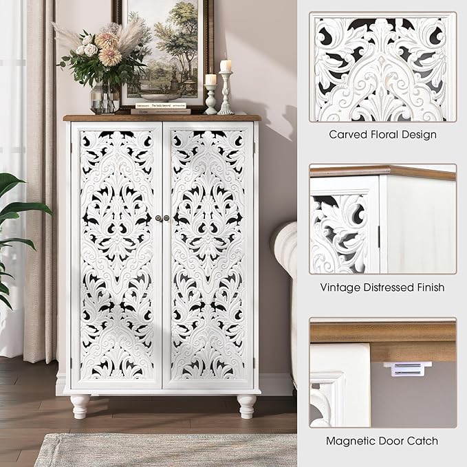 JOINICE 47" Tall Accent Cabinet with Carved Doors, Distressed White Wood Storage Cabinet with 3-Tier Shelves, Boho Farmhouse Sideboard Buffet for Small Spaces, Entryway & Living Room
