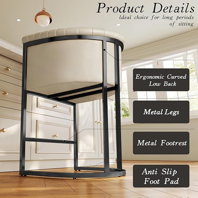 Modern Counter Height Bar Stools,Bar Stools Set of 2,PU Leather Upholstered Barrel Barstools with Backs and Arms,26'' Kitchen Island Chairs,Metal Black Frames,Beige White