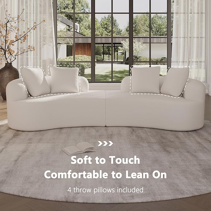 106.7" Modern Curved Oversized Sectional Sofa, Minimalist Modular Cloud Couch with 4 Throw Pillows, Luxury 4-Seater Extra Deep & Wide Seat Sofa in Soft Teddy Fabric, Cream White