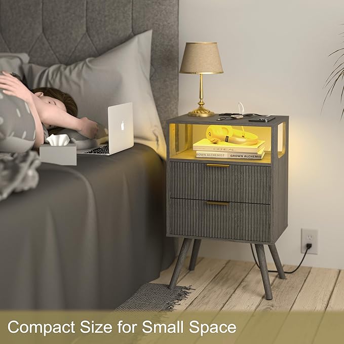 JOONEE Nightstand with Charging Station and LED Lights,Modern Bedside Table with 2 Storage Drawer and Open Wood Shelf, for Bedroom and Small Spaces,Night Stand with Solid Wood Legs,GreyOak
