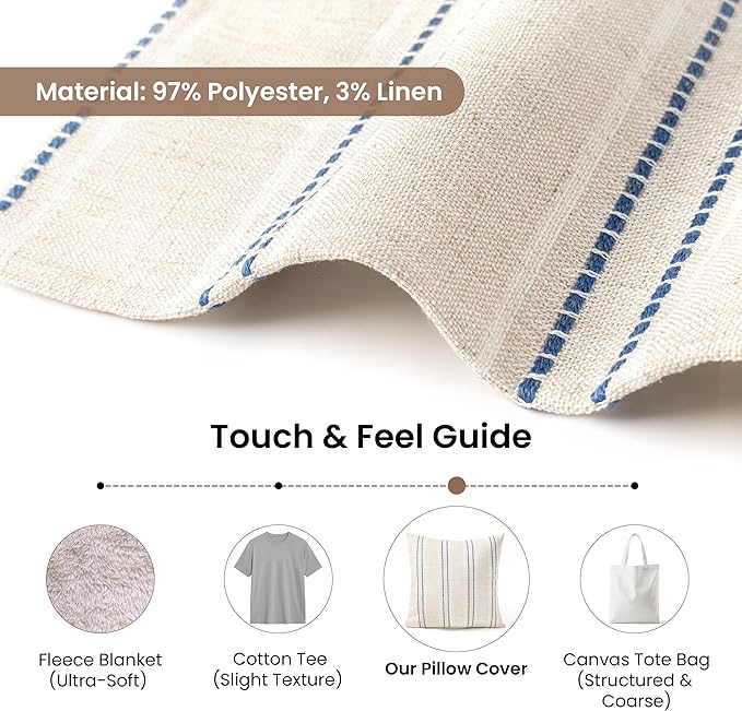 AELS 12x20 Decorative Farmhouse Linen Blend Throw Pillow Covers, Boho Textured Pillow Case, Set of 2, Beige with White & Navy Blue Stitch Yarn Dyed Stripe Cushion Cover for Living Room (Cover ONLY)