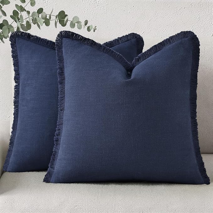 decorUhome Summer Decorative Neutral Linen Fringe Throw Pillow Covers Set of 2 Navy Blue Pillow Covers with Tassels Soft Farmhouse Boho Accent Pillow Cases for Couch Bed Sofa 18x18 Inch