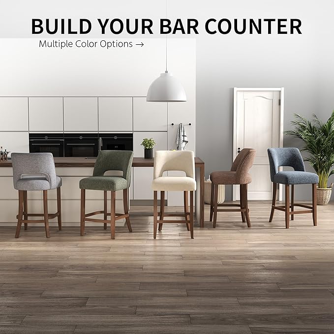 VKNOW Bar Stools Set of 6, 26" Upholstered Counter Height Bar Stools,Modern Counter Stools with Wood Legs for Kitchen Island Dining Room Bar,Orange