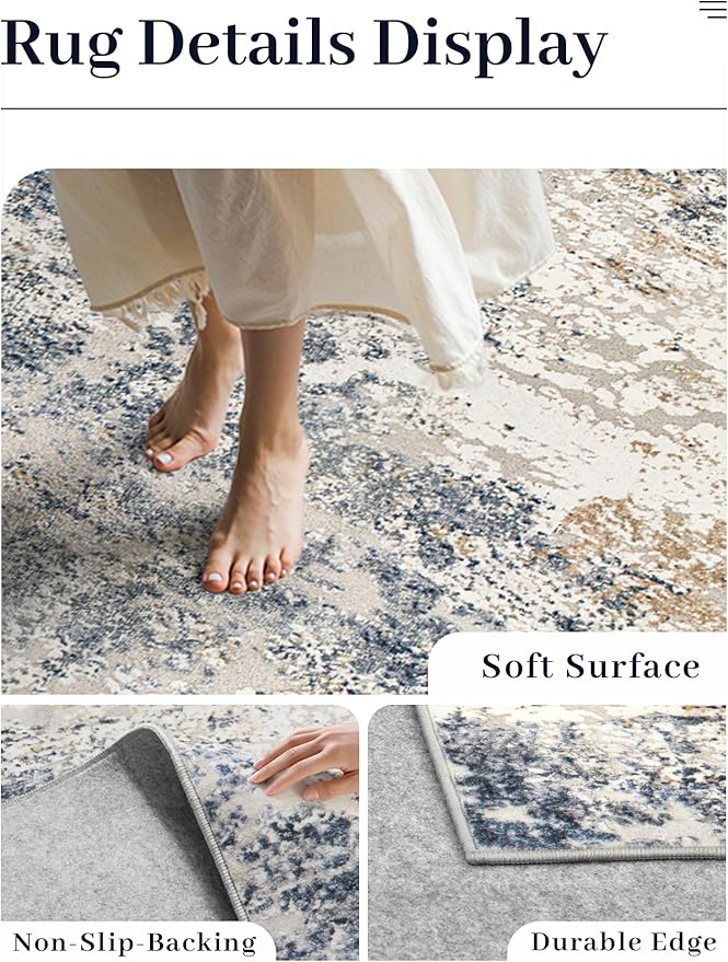 Art&Tuft Washable Rugs 5x7 - Anti-Slip Backing 5x7 Area Rugs for Living Room, Foldable Abstract Washable Area Rug(5'x7', Blue)