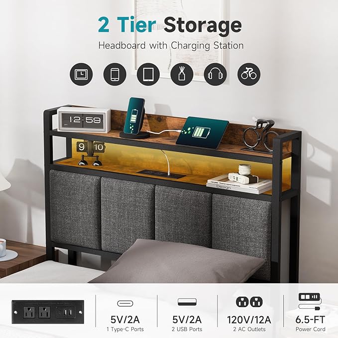 Easy Assembly Twin Bed Frame with LED Light &Charging Station, Metal Platform Bed with 2-Tier Shelves & Under Bed Storage, Upholstered Headboard&Footboard,No Box Spring Needed,Noise Free,Vintage Brown