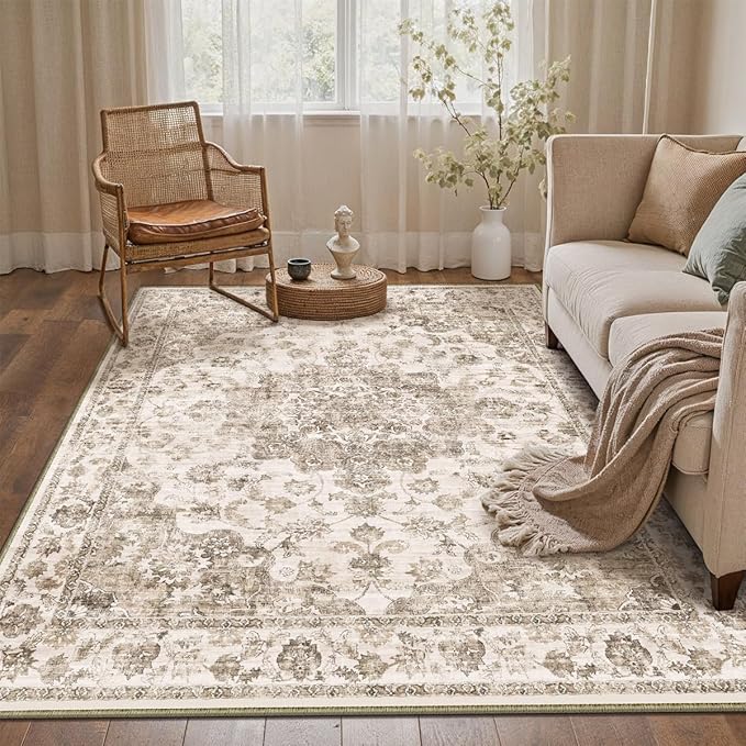 4x6 Washable Neutral Area Rug Brown Vintage Entryway Office Carpet Non-Slip Soft Low Pile Farmhouse Indoor Throw Rug for Living Room Bathroom Dining Room