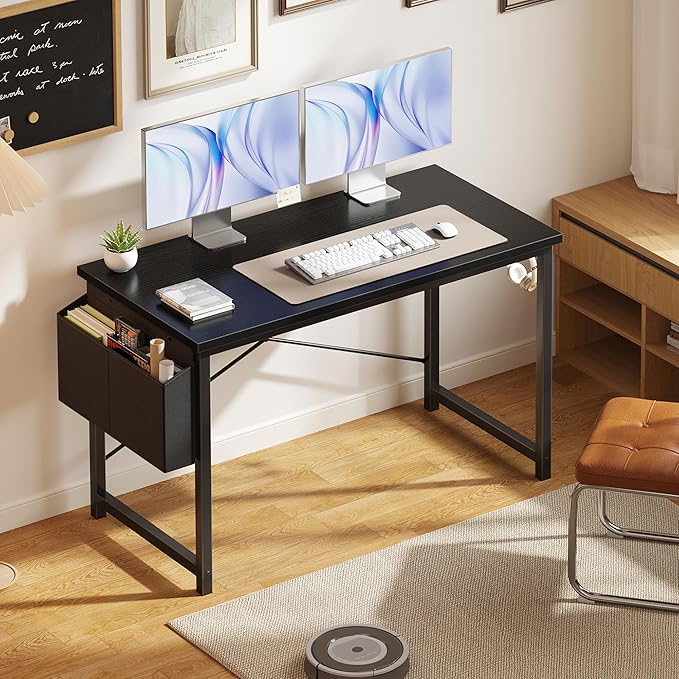 OLIXIS Computer Desk 47 Inch Home Office Desks for Small Spaces, Gaming Writing Study Work Table with Storage Bag and Headphone Hook for Bedroom, Black