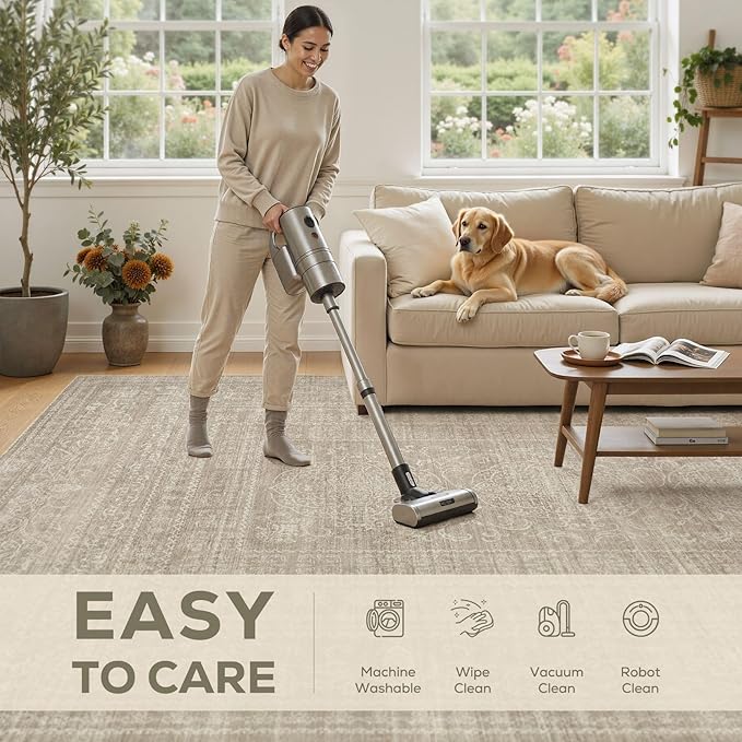 6x9 Area Rugs Living Room: Washable Large Vintage Rug Neutral Non-Slip Soft Stain Resistant Indoor Carpet for Bedroom Nursery Dining Room Under Table Bed Home House Office Playroom - Brown