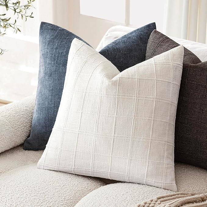 Foindtower Set of 2 Decorative Linen Check Throw Pillow Covers Neutral Farmhouse Vintage Cushion Covers Modern Boho Home Decor for Sofa Chair Couch Bedroom Living Room,24×24 Inch,Cream White