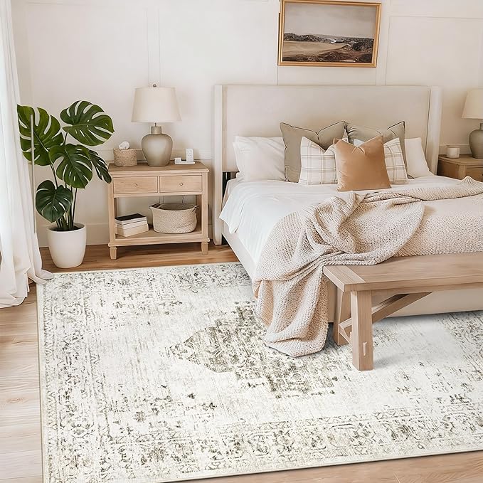 Washable Rugs 5x7 Living Room Rug: Vintage Neutral Area Rugs Soft Non-Slip Indoor Low Pile Carpet for Bedroom Dining Room Nursery Office (Taupe, 5' x 7')