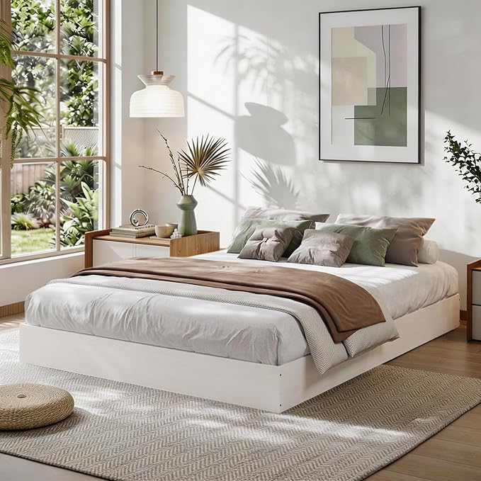 Garvee Full Size Wood Platform Bed Frame, Floor-Standing No-Gap Design, Modern Minimalist No Headboard Bed Frame, Wood Slat Support, No Box Spring Needed, Easy Assembly, White