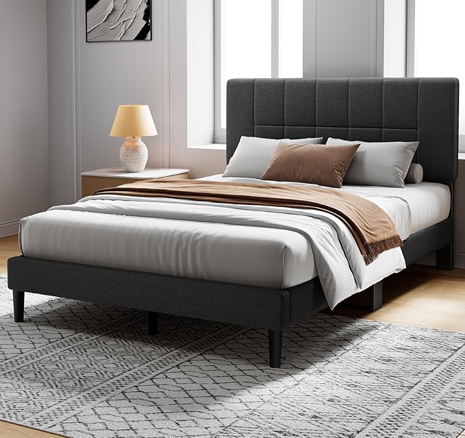 Pipishell Queen Bed Frame with 12 Thickened Legs&Fabric Upholstered Headboard,1300 lbs Strong Weight Capacity, Adjustable Headboard, No Box Spring Needed, Easy Assembly, Underbed Storage（Solid Wooden）