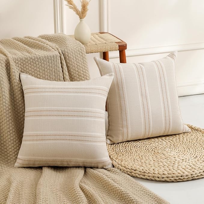 Hckot Throw Pillow Covers 24x24 Set of 2 Striped Pillow Covers Textured Linen Decorative Pillows Square Cushion Covers for Sofa Couch Bed Living Room Farmhouse Decor