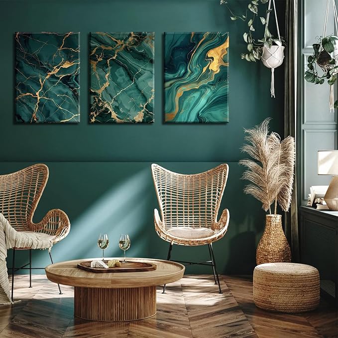 Emerald Green and Gold Canvas Wall Art Set of 3 Abstract Green Gold Marble Fluid Wall Decor Pictures Neutral Modern Minimalist Posters Prints for Living Room Bedroom Home Decoration 16x24in