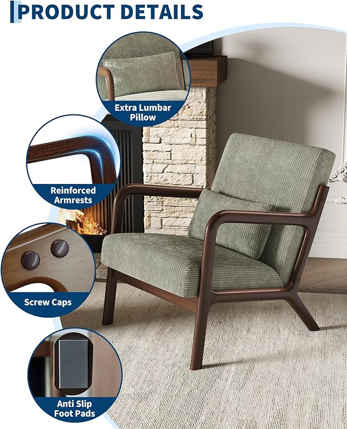Garvee Mid-Century Modern Accent Chair, Wide-Wale Corduroy Upholstery, Solid Wood Armchair with Removable Lumbar Pillow, Sturdy Reading Chair for Living Room, Bedroom, Guest Room, Easy Assembly, Green