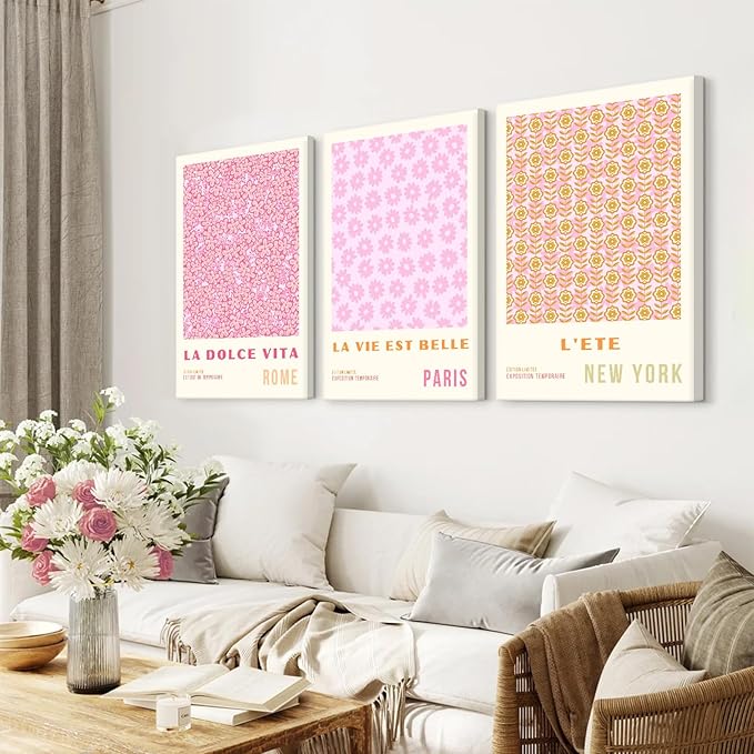Pink Flower Market Wall Art Decor Aesthetic Abstract Canvas Floral Minimalist Wall Art Pictures Orange Floral Prints Artwork Botanical Flower Poster Colorful Painting 12x16 Inch Framed Set of 3