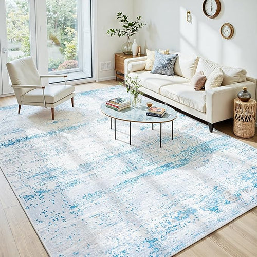 8x10 Area Rugs Washable Rug:Anti-Skid Abstract Modern Living Room Rug Soft Thin Carpets Indoor Floor Non-Shedding Carpet for Bedroom Dining Farmhouse Nursery Home Office(Light Blue/White/Beige, 8x10)