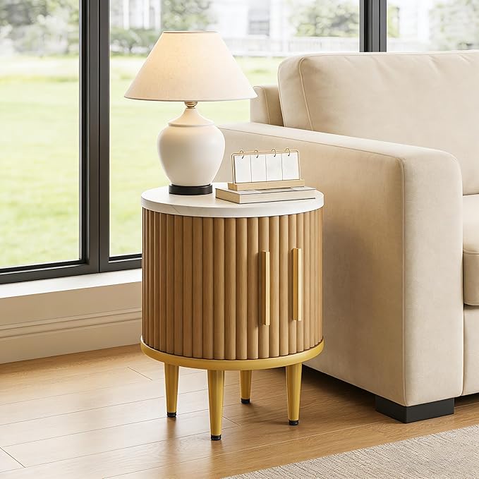 Fluted Nightstand Set of 2, Small Modern Side Table with Faux Marble Top and Metal Handle, Boho Bedside End Table with Sliding Door and Curved Corners for Bedroom,Living Room, Natural Oak