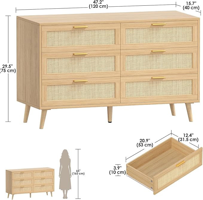 Rovaurx Rattan 6 Drawer Double Dresser for Bedroom, 47.2" Wide Boho Chest of Drawers, Modern Wooden Dresser Chest with Golden Handles, Beside Table for Closet, Living Room and Entryway, Natural Oak