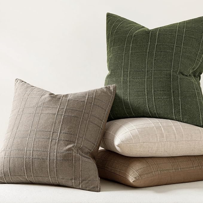 MIULEE Decorative Linen Check Euro Shams Throw Pillow Covers Neutral Farmhouse Vintage Spring Pillow Covers 28x28 Set of 2 Boho Modern Home Decor for Sofa Couch Bedroom Cushion Dark Olive Green