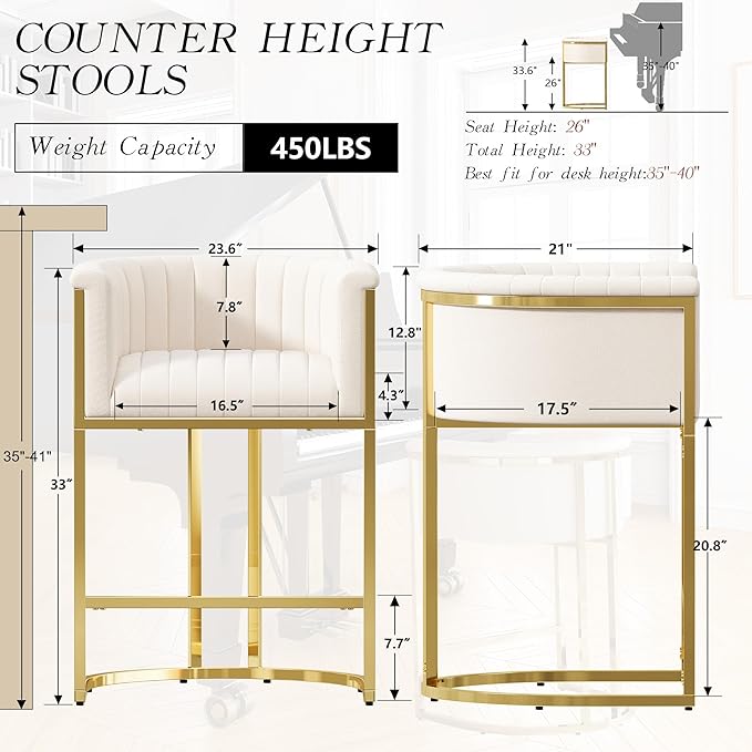 Modern Counter Height Bar Stools,Bar Stools Set of 1,Fabric Upholstered Barrel Barstools with Backs and Arms,26'' Kitchen Island Chairs,Mirror Champagne Gold Base/Beige White Linen