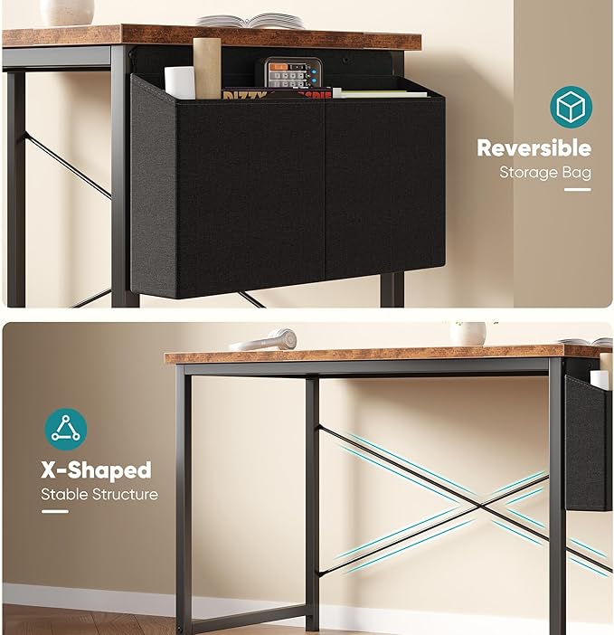 OLIXIS Computer Desk 55 Inch Home Office Desks for Small Spaces, Gaming Writing Study Work Table with Storage Bag and Headphone Hook for Bedroom, Rustic Brown