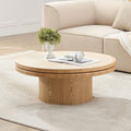 35.43" Farmhouse Round Coffee Table with Sintered Stone Tabletop, Sturdy Wood MDF Pedestal Coffee Tables for Living Room, Modern Circle Center Tea Table for Apartment, Office Bedroom Natural
