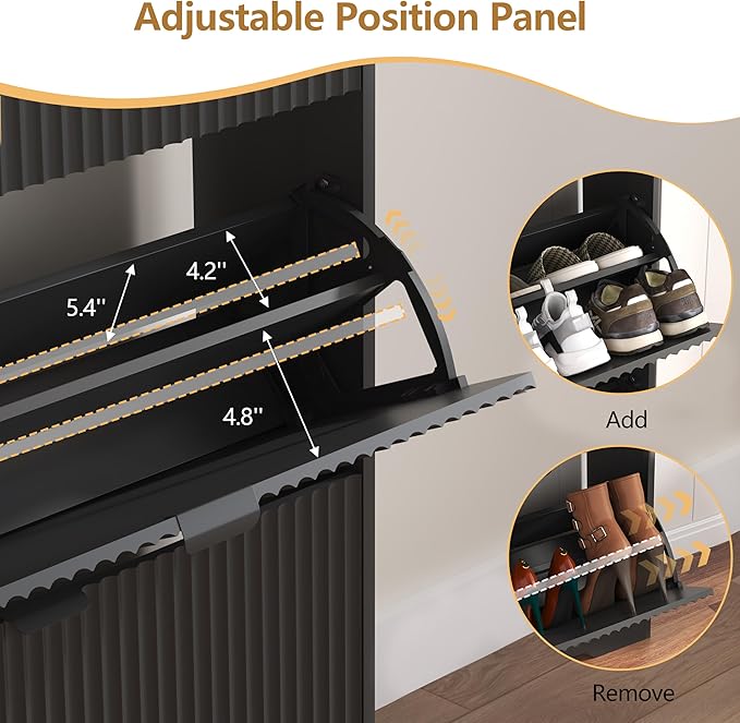 HUANLEGO Shoe Cabinet Storage for Entryway with 4 Flip Drawers, Black Fluted Shoe Cabinet with Adjustable Shelves, Wooden Hidden Shoe Rack Freestanding Narrow Slim Shoes Storage for Hallway, Entrance