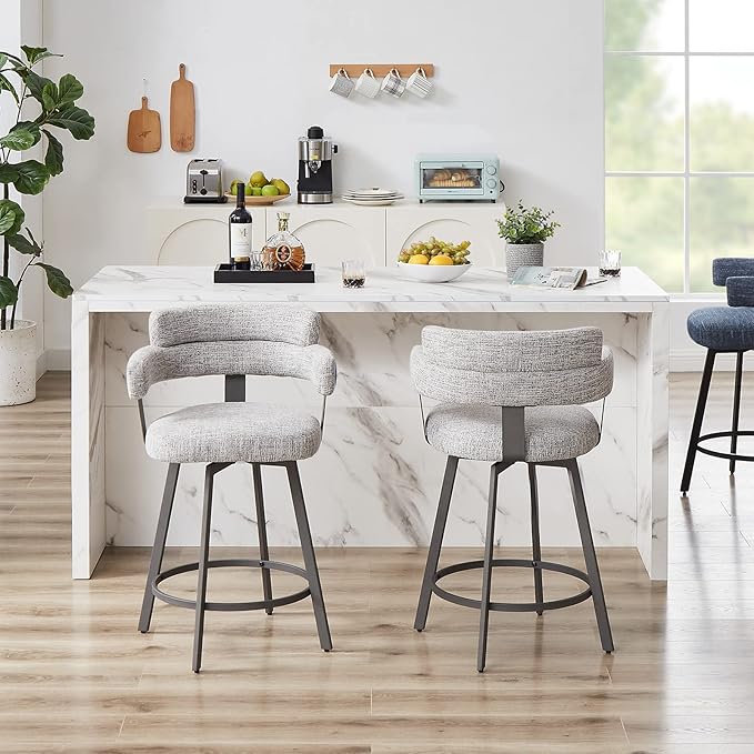 Counter Height Bar Stools with Full Back – Swivel Counter Stools Set of 2 with Linen Padded Back, Metal Footrest, Modern Barstools for Kitchen Counter, Island, Dining Room, Grey 24 inch