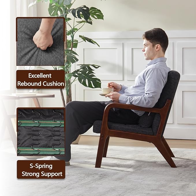 Achicsofar Accent Chair Mid Century Modern Armchair with Lumbar Support Pillow Wood Legs PU Leather Upholstered Lounge Chairs Comfy High Back Cushion for Living Room Bedroom
