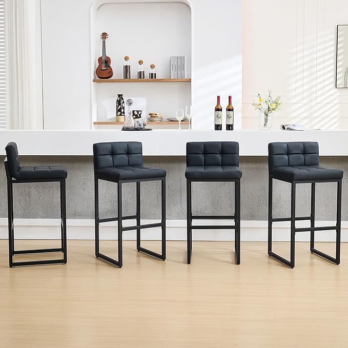 FIRAVOE Modern Bar Stools Set of 4, Upholstered Bar Height Barstools with Low Back and Thickened Metal Frame, 30-inch Tall Island Chairs for Kitchen Island, Bar, Counter (Black, 4Pcs 30" Bar Stools)