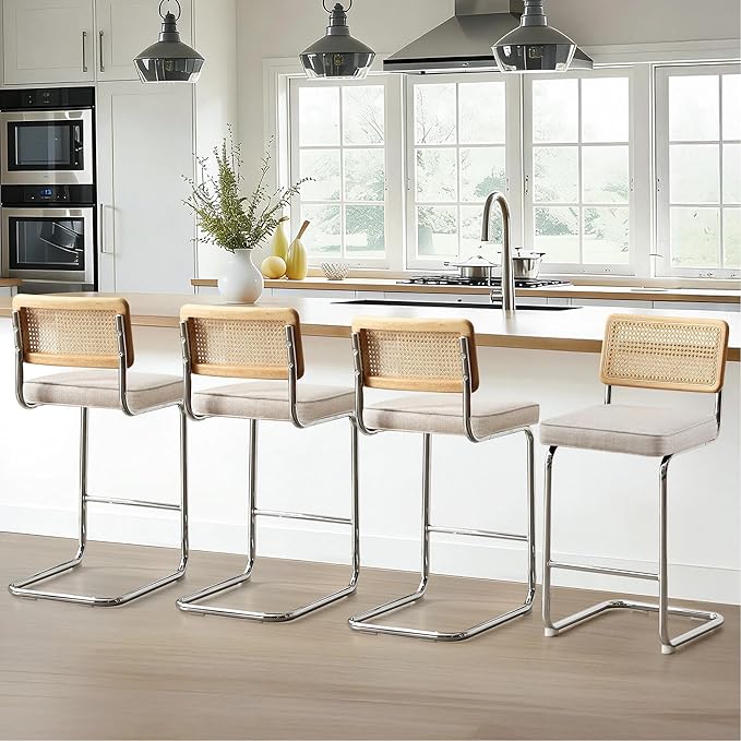 Zesthouse Natural Rattan Counter Stools Set of 4, 26'' Modern Counter Height Barstools, Thin Linen Bar Stools with Solid Wood Back, Mid Century Cantilever Bar Chairs for Kitchen Island, Beige Grayish