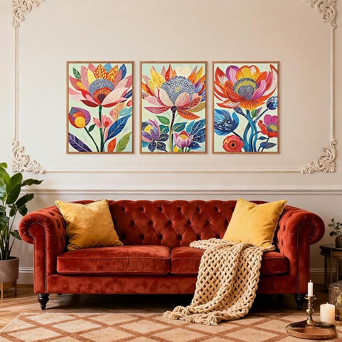 HPINUB Abstract Botanical Floral Framed Canvas Wall Art Set,(Set of 3,12X16 Inch) Colorful Dot Art Modern Flower Wall Decor,Vibrant Blooming Flowers Artwork Boho Art Print for Living Room,Bedroom
