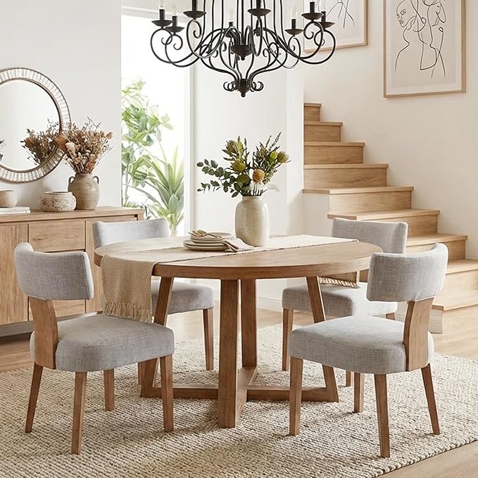 HNY Set of 4 Mid Century Modern Dining Chairs, Farmhouse Linen Fabric Upholstered Accent Chair Curved Backrest Kitchen Chairs, with Hardwood Frame, Grey