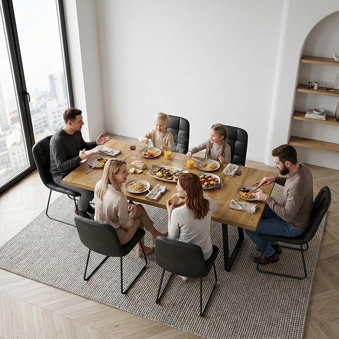 ZckyCine Extendable Dining Table Set for 6, 47" to 63" Expandable Kitchen Table with 6 Upholstered Chairs, Modern Rectangular Wood Dining Room Table Set with Metal Legs for Kitchen Apartment